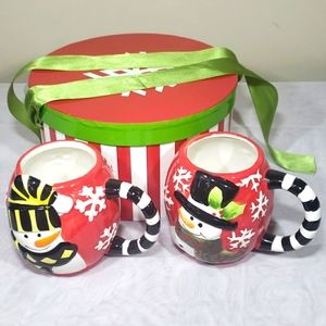 Vintage  Snowman Mugs Set Pal  Collectible Ceramic Cups In Box